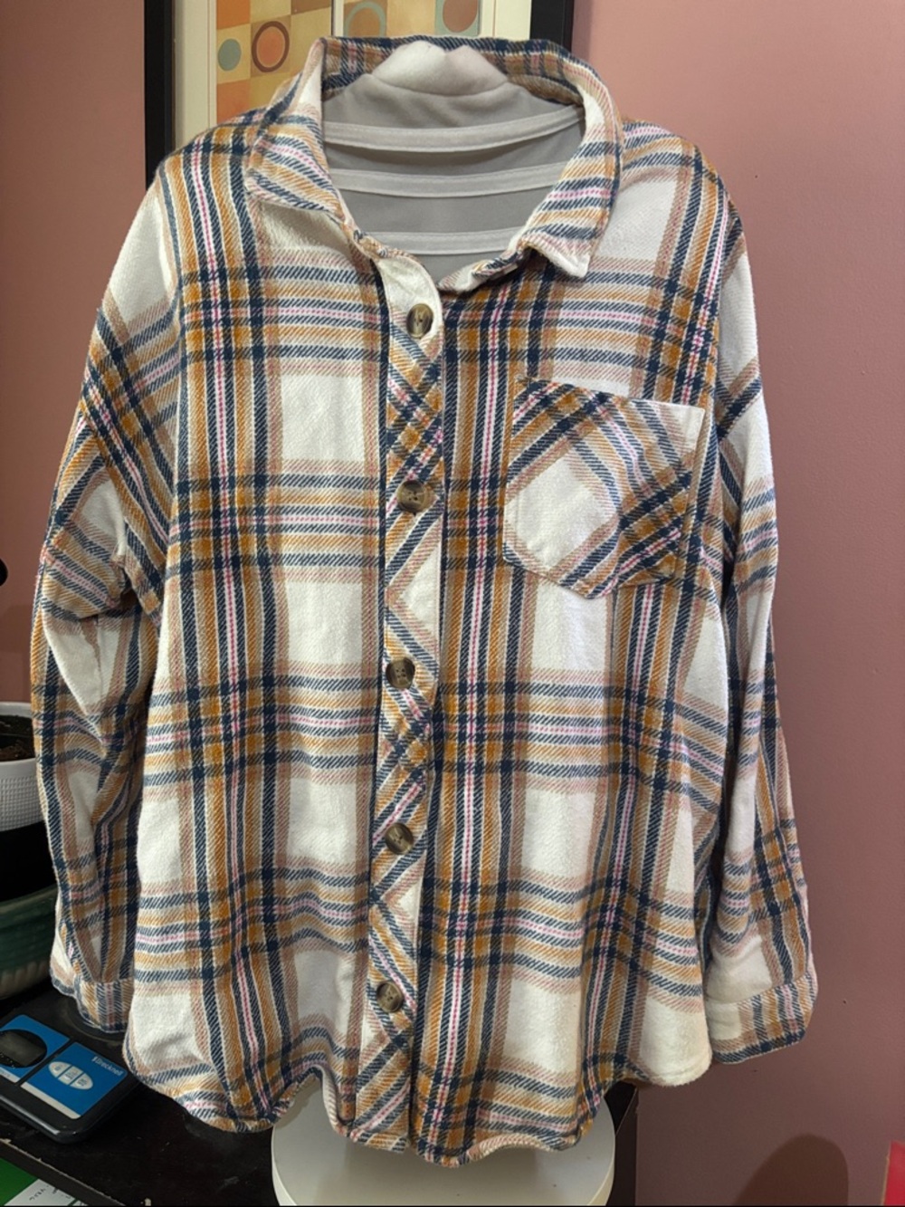 Maurices White Plaid Button-Front Shirt with Tan & Blue Stripes Size XL